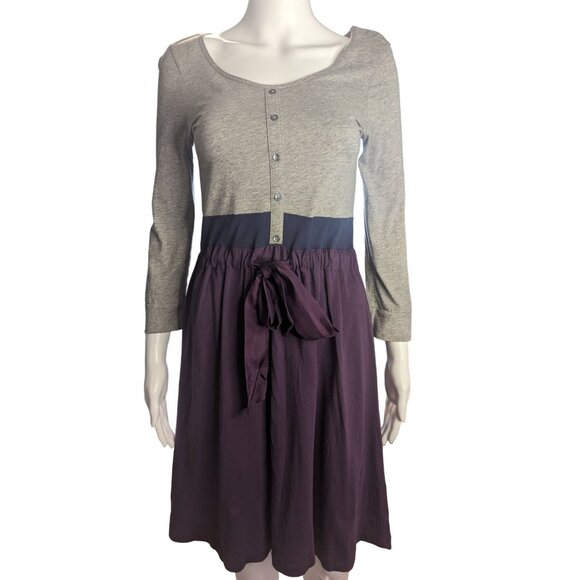 Theory Color Blocking Grey & Purple Casual A-line Dress w/Silk Tie Sash Sz M - Picture 3 of 11